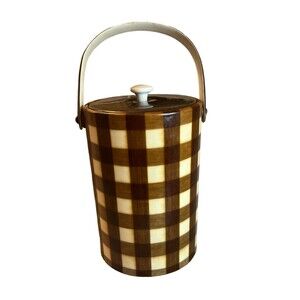 Vintage Vinyl Brown and White Checked, Mid Century Ice Bucket